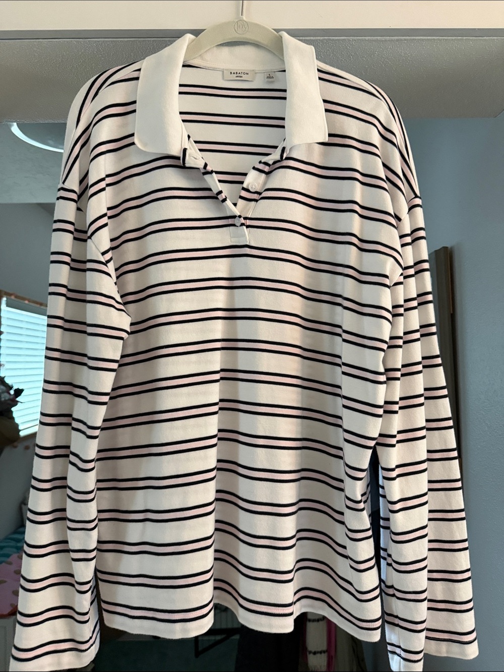 Aritzia Long-Sleeve Striped Polo Shirt - White with Black & Pink Stripes